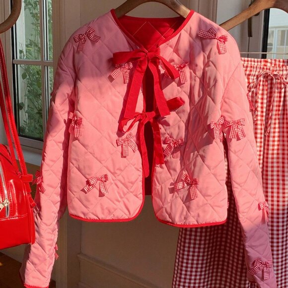 Pink Casual Women's Contrast Quilted Coat with Gingham Bow - Picture 5 of 7